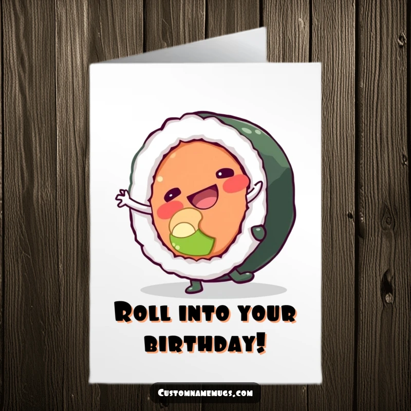 Funny free printable birthday card featuring a happy sushi roll character attempting a cartwheel and almost falling apart.