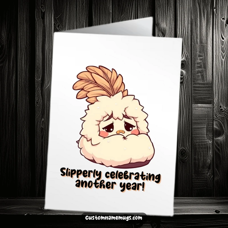 Funny Free Printable confused fluffy slipper birthday card with a giant feather, looking bewildered. DIY downloadable gift.