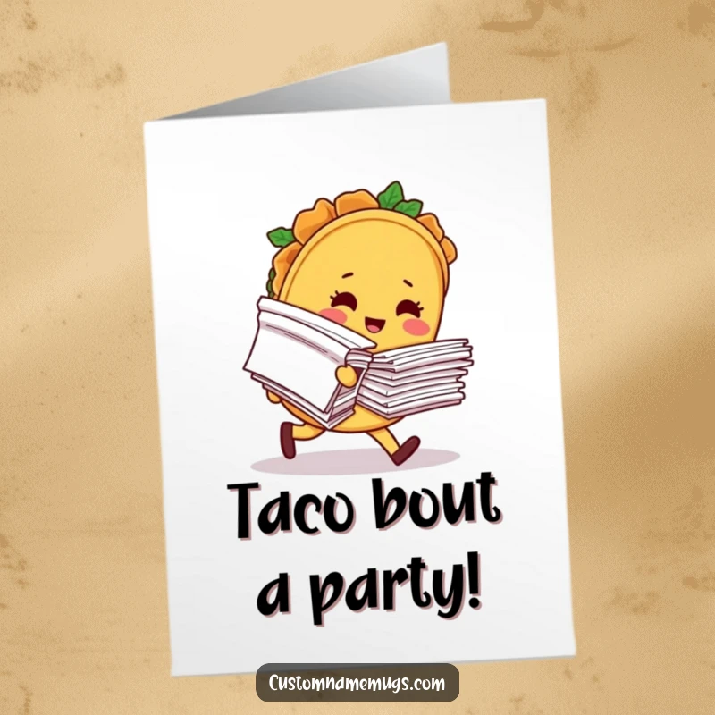 Funny Free Printable Birthday Card: A blushing taco character comically trips holding papers, perfect for a hilarious gift.
