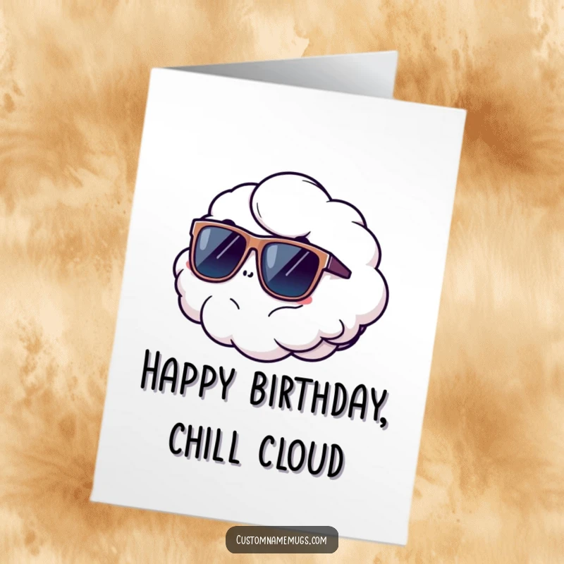 Funny Free Printable Birthday Card: A fluffy cloud wearing oversized sunglasses, comically floating away, looking cool and carefree.
