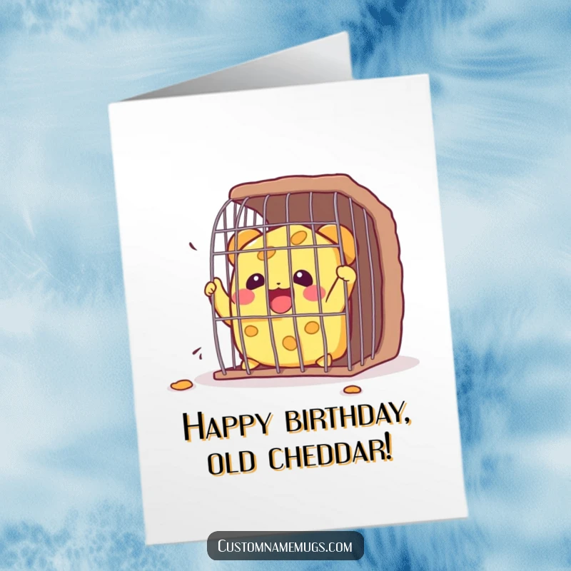 Funny free printable birthday card: A happy Kawaii cheese wedge joyfully breaking out of a small, metallic cage.