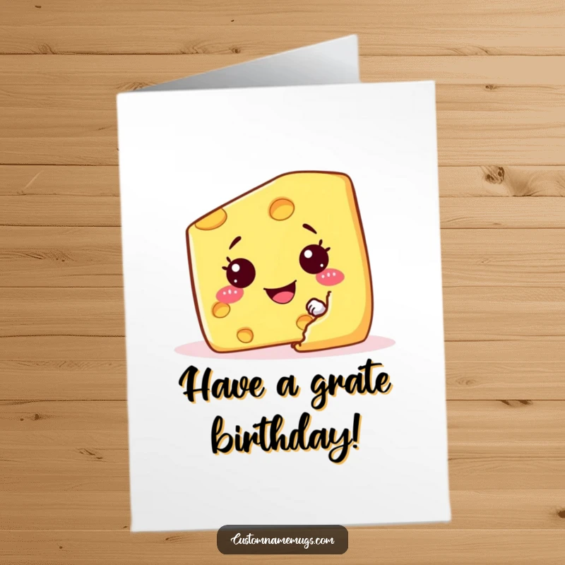 Funny Free Printable Birthday Card: A mischievous cheese wedge character peeking from behind a giant cracker with a cheeky, playful grin.
