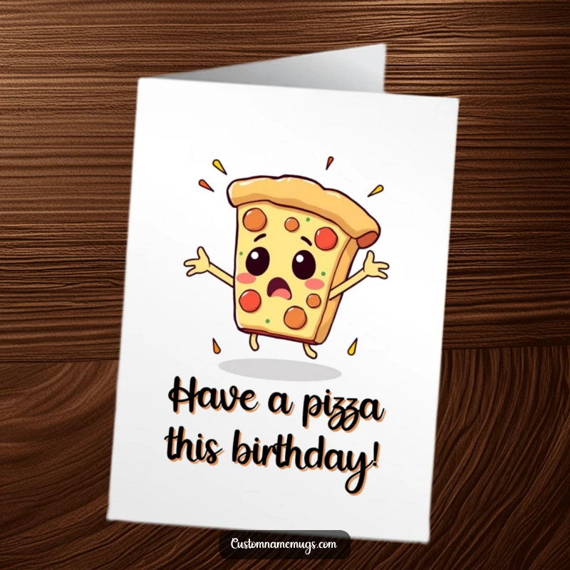 Funny Free Printable Birthday Card: A surprised pizza slice with arms flailing wildly while falling, looking shocked.