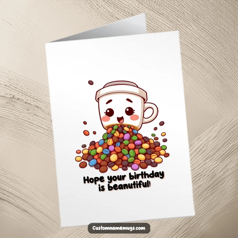 Funny free printable birthday card showing a cute, clumsy coffee cup spilling colorful non-liquid beans in celebration.