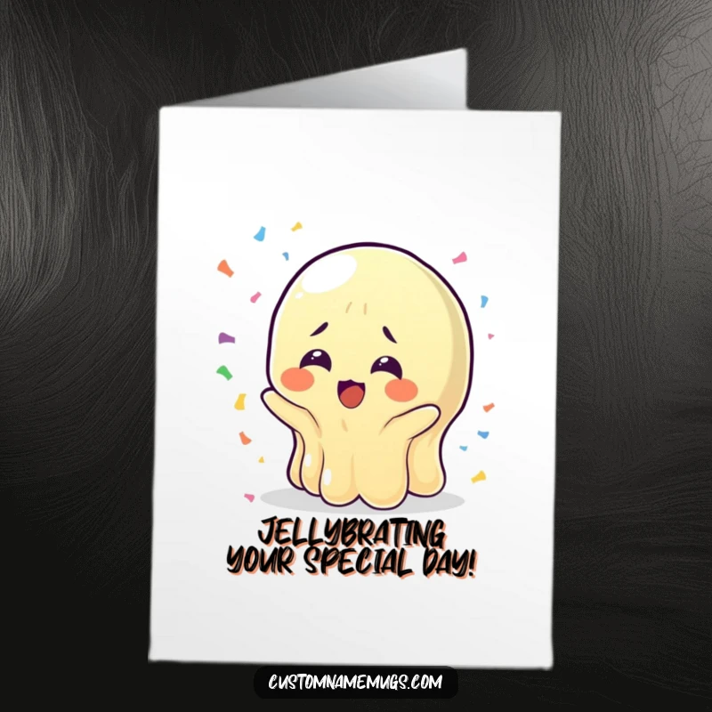 Funny Free Printable wobbly jelly character with bewildered joy, catching falling confetti. Birthday DIY gift.