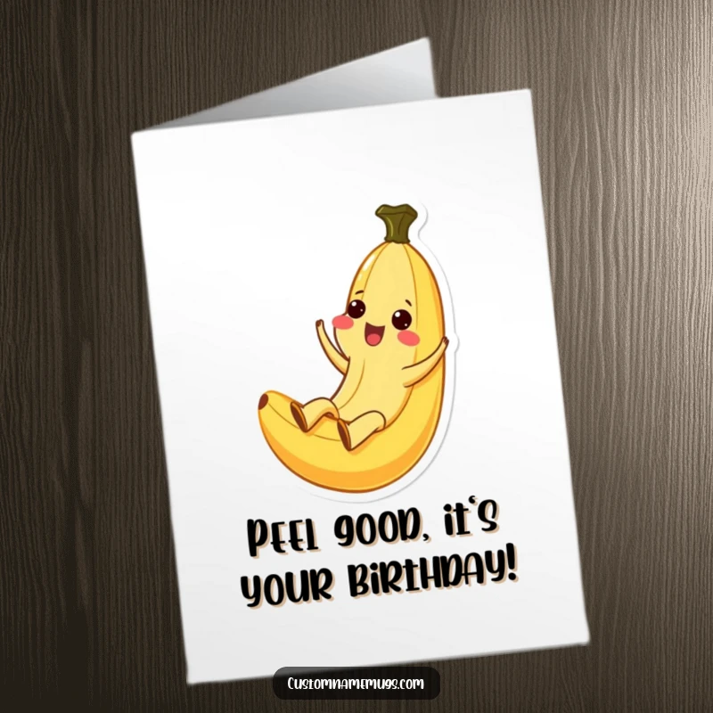 Funny Free Printable Birthday Card: Ecstatic Kawaii banana sliding down its peel, radiating pure joy.