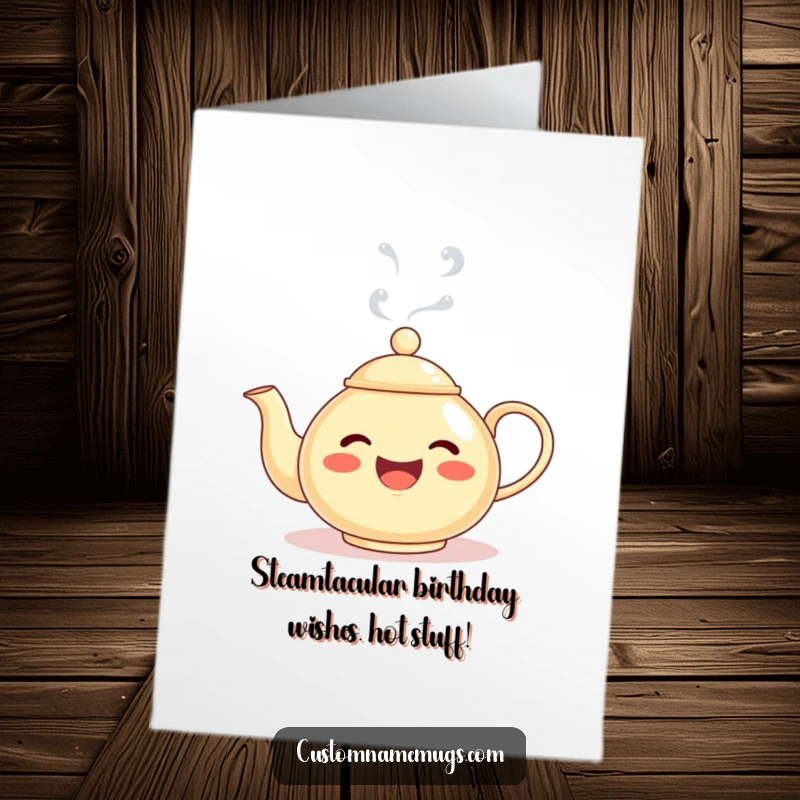 Funny Free Printable Birthday Card: Delighted teapot character spills steam forming a goofy face, perfect for laughs.