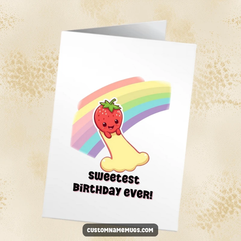 Funny Free Printable Birthday Card: Smiling strawberry character dramatically slides down a colorful rainbow, spreading cheer.
