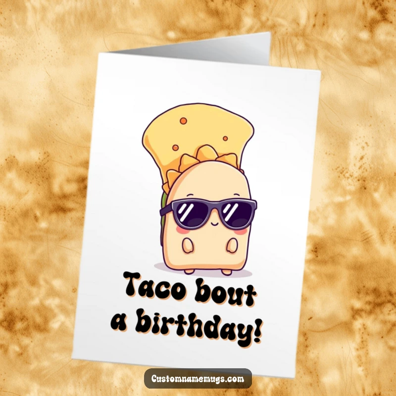 Funny Free Printable Birthday Card: A shy taco wearing sunglasses peeking from behind a giant chip, looking bashful.