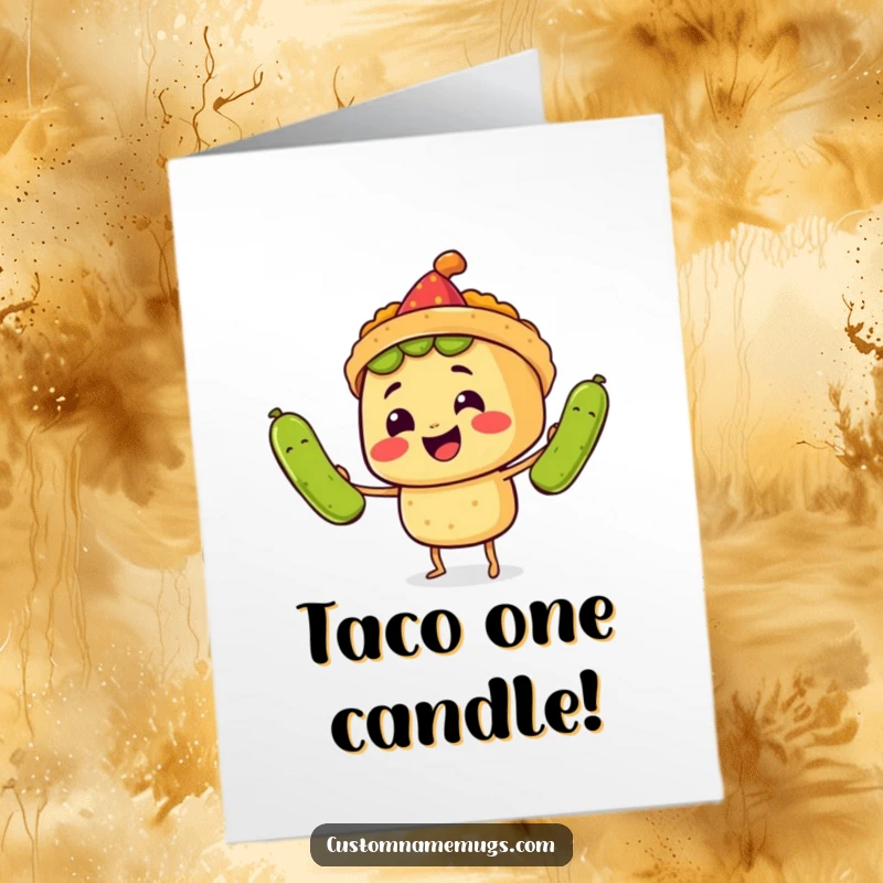 Funny Free Printable Birthday Card: A smiling taco character in a party hat juggles three comically large pickles with festive glee.