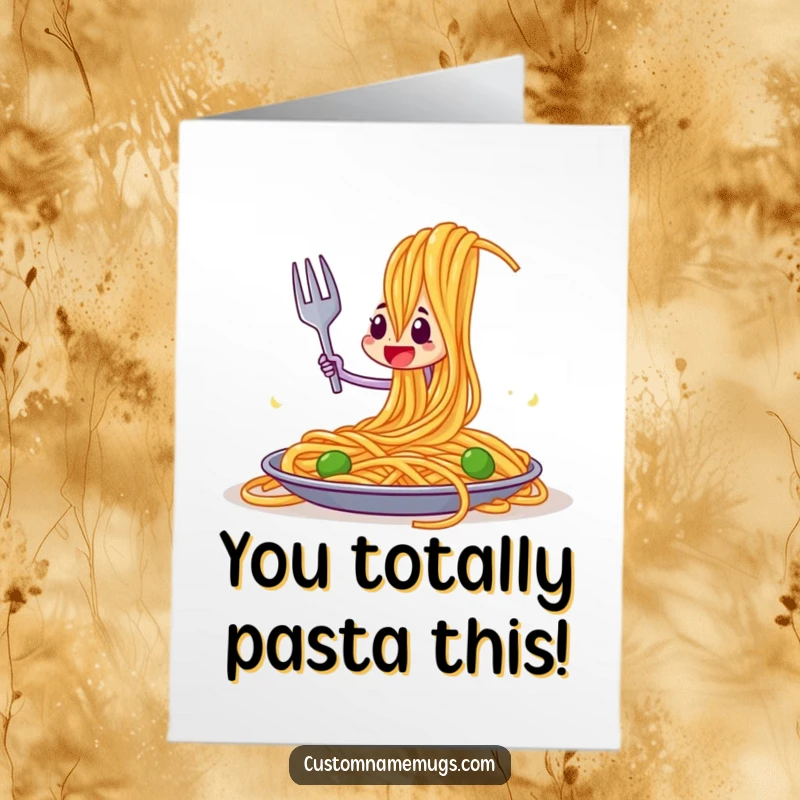 Funny Free Printable Congrats Card: Victorious fork character celebrating after defeating a giant spaghetti strand, a symbol of triumph.