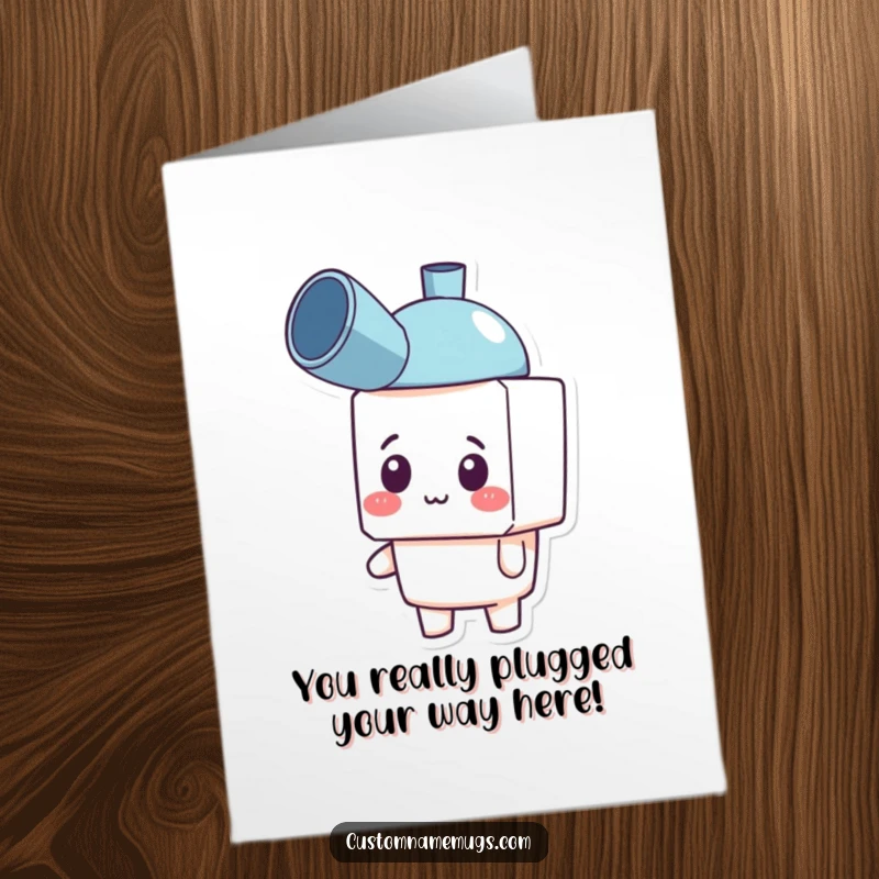 Funny Free Printable Congrats Card: Cheerful blocky character sports a plunger as a hat, celebrating with humor.