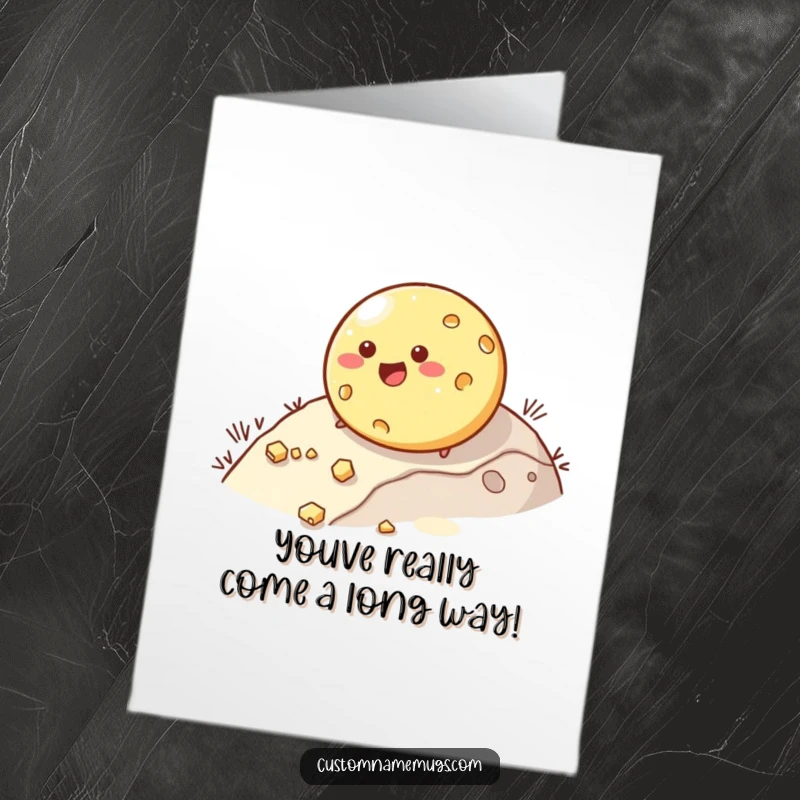 Funny Free Printable Congrats Card: Happy cheese character rolls down a hill, losing pieces in celebration.