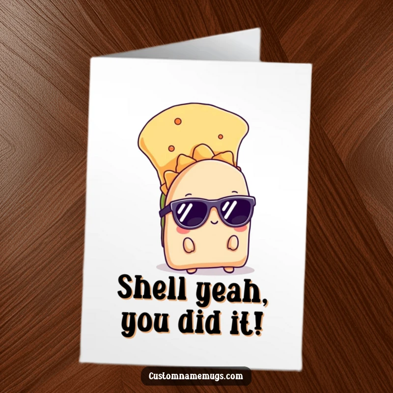 Funny Free Printable Congrats Card: A shy taco in sunglasses peeking from behind a large chip, celebrating subtly.