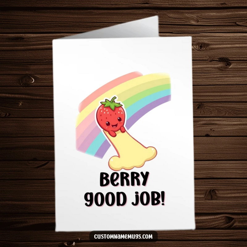 Funny Free Printable Congratulations Card: Smiling strawberry character takes a dramatic slide down a vibrant rainbow, celebrating.
