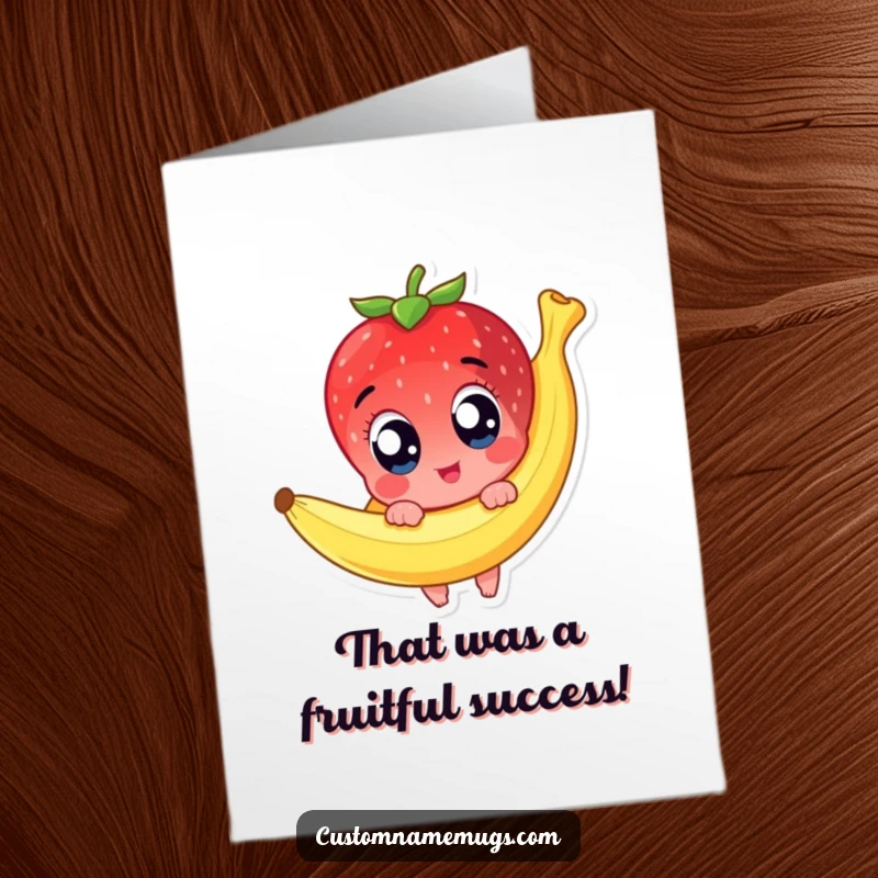 Funny Free Printable Congratulations Card: A cute strawberry character with wide eyes hilariously slipping on a banana peel.