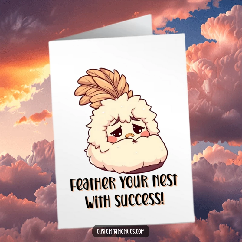 Funny Free Printable confused fluffy slipper congratulations card with a feather, expressing shock. DIY downloadable art.