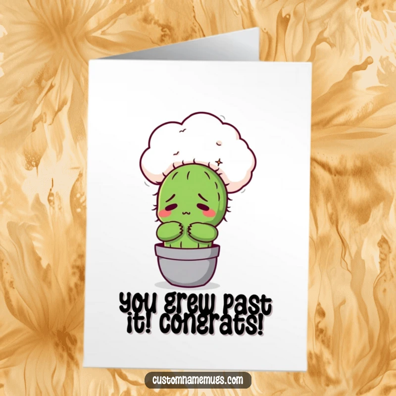 Free printable congratulations card: A Kawaii cactus character looking visibly uncomfortable while attempting to hug a fluffy cloud.