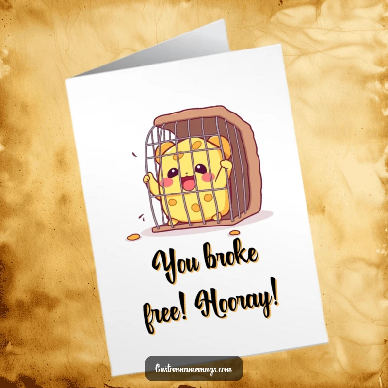 Free printable congratulations card: A cheerful Kawaii cheese character making a happy escape from a tiny, barred cage.
