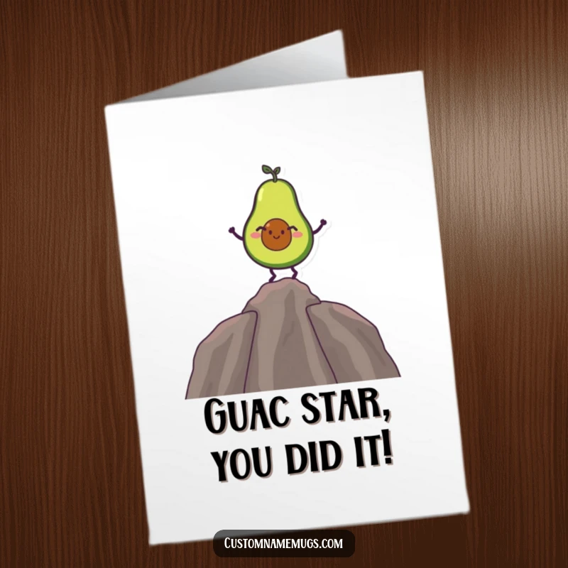 Funny Free Printable Congrats Card: An avocado character successfully balancing on its pit, celebrating a hard-won victory.