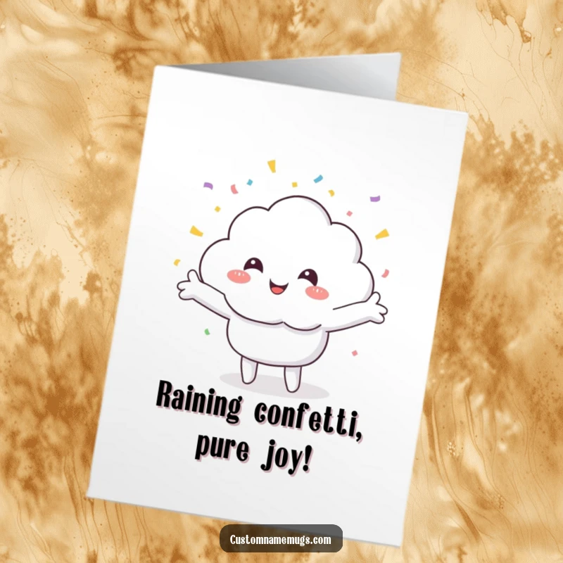 Funny Free Printable Congratulations Card: A smiling cloud character arms outstretched, happily showered by confetti.