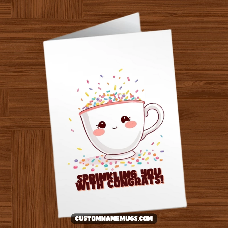 Funny Free Printable Congrats Card: A shy teacup desperately tries to escape a flood of tiny, colorful sprinkles, celebrating with charm.