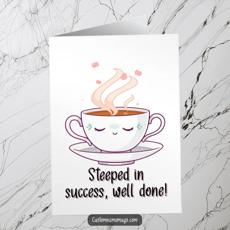 Funny Free Printable Congratulations Card: A serene teacup naps amidst steam, perfect for congratulating someone.
