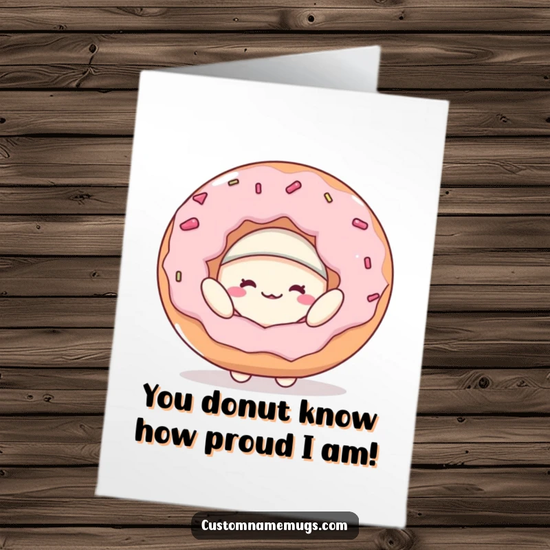 Funny Free Printable Congratulations Card with a blob character wearing a giant donut as a hat, celebrating success.