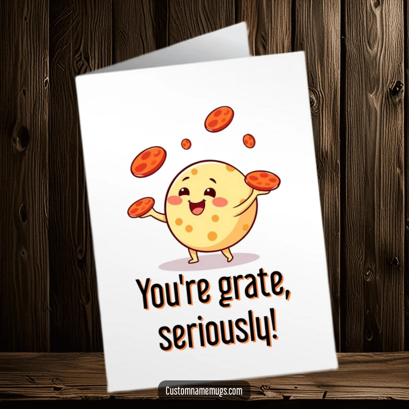 Funny Free Printable Congratulations Card: Round cheese character expertly juggles pepperoni frisbees, celebrating success.