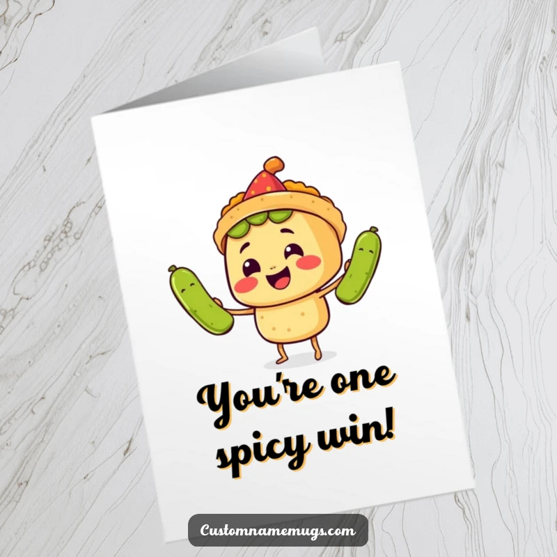 Funny Free Printable Congrats Card: A smiling taco character wearing a party hat joyfully juggles three comically large pickles in celebration.
