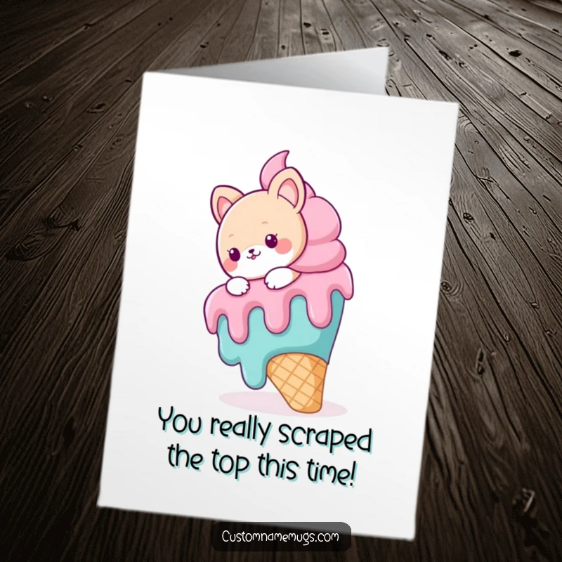 Funny Free Printable Congratulations Card with a cute animal character slipping on a melting ice cream cone, celebrating a win.