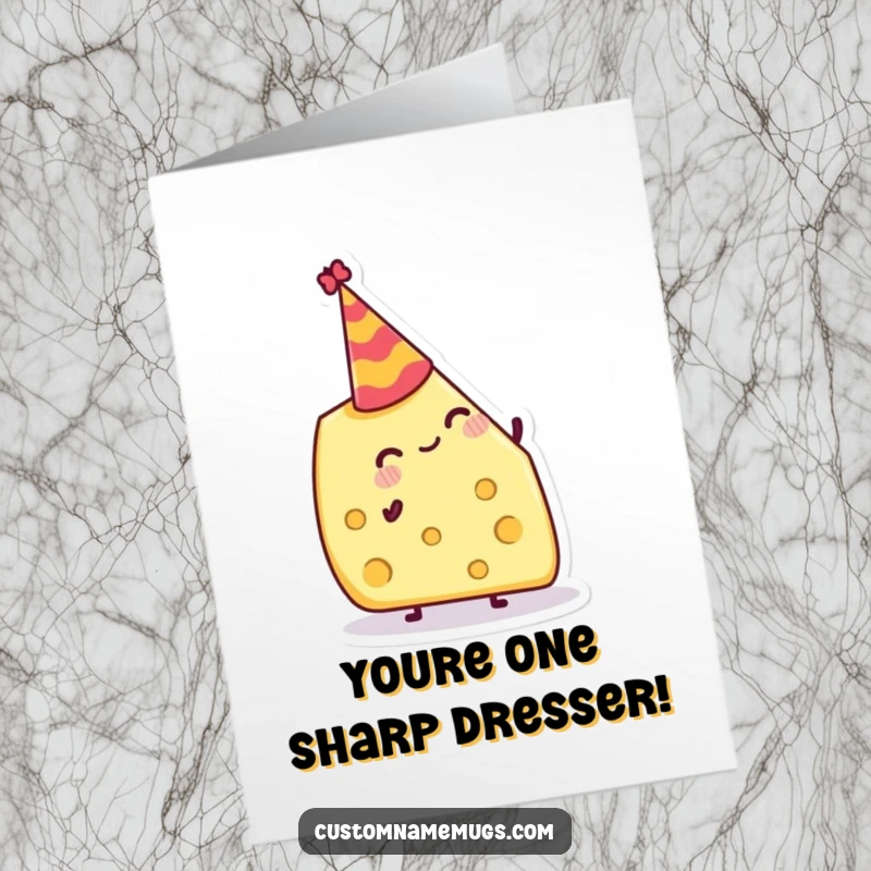 Funny Free Printable Congratulations Card: Cheerful cheese wedge wobbling slightly while sporting a festive, tiny party hat.