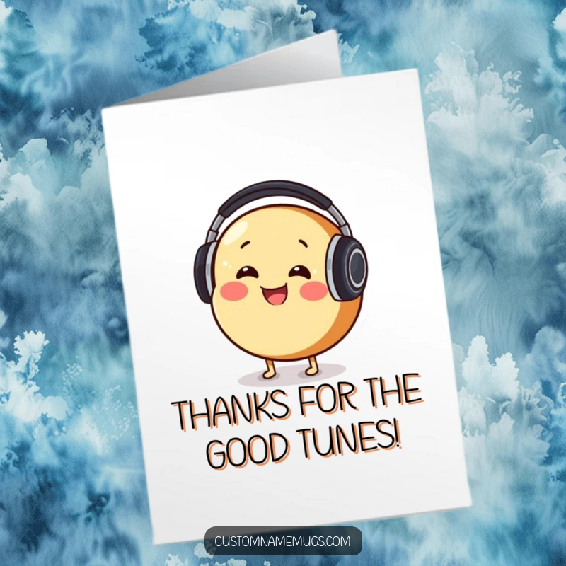Funny Free Printable Thank You Card: Smiling bread character with oversized headphones, bobbing head, expressing thanks.