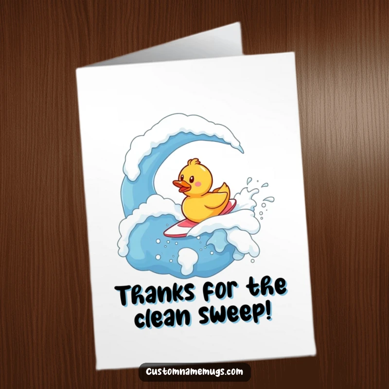 Funny Free Printable Thank You Card: Small rubber ducky bravely navigating a huge bubbly soap wave, showing thanks.