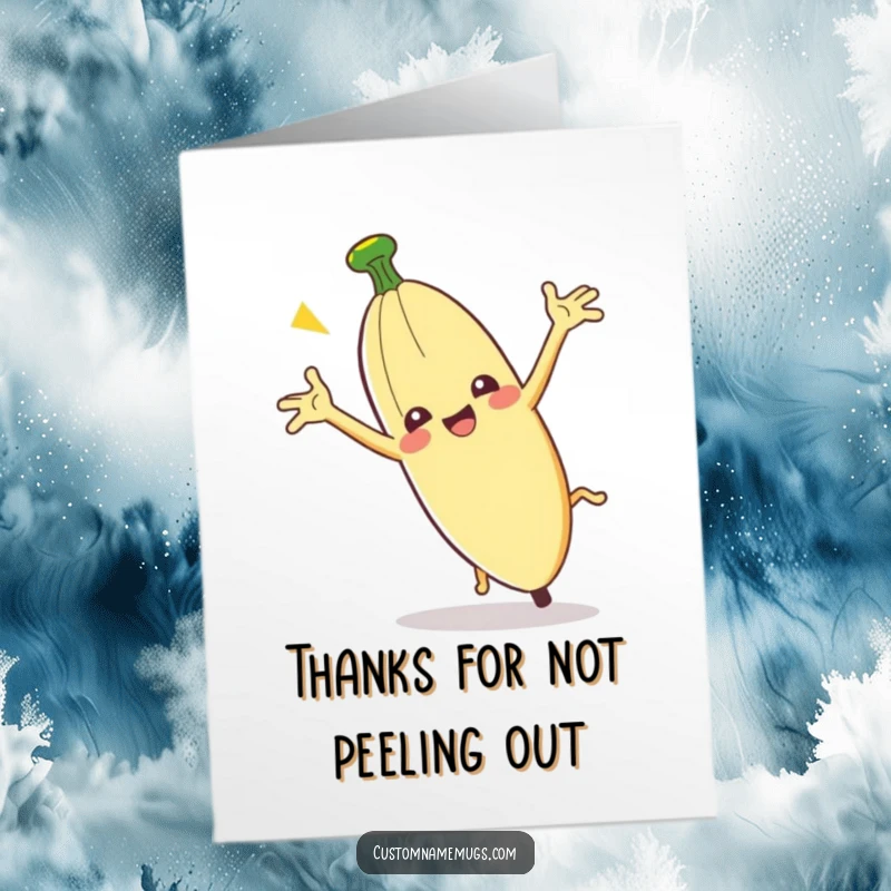 Funny Free Printable Thank You Card: A clumsy banana peel character comically slipping on itself, arms flailing wildly, mid-tumble.