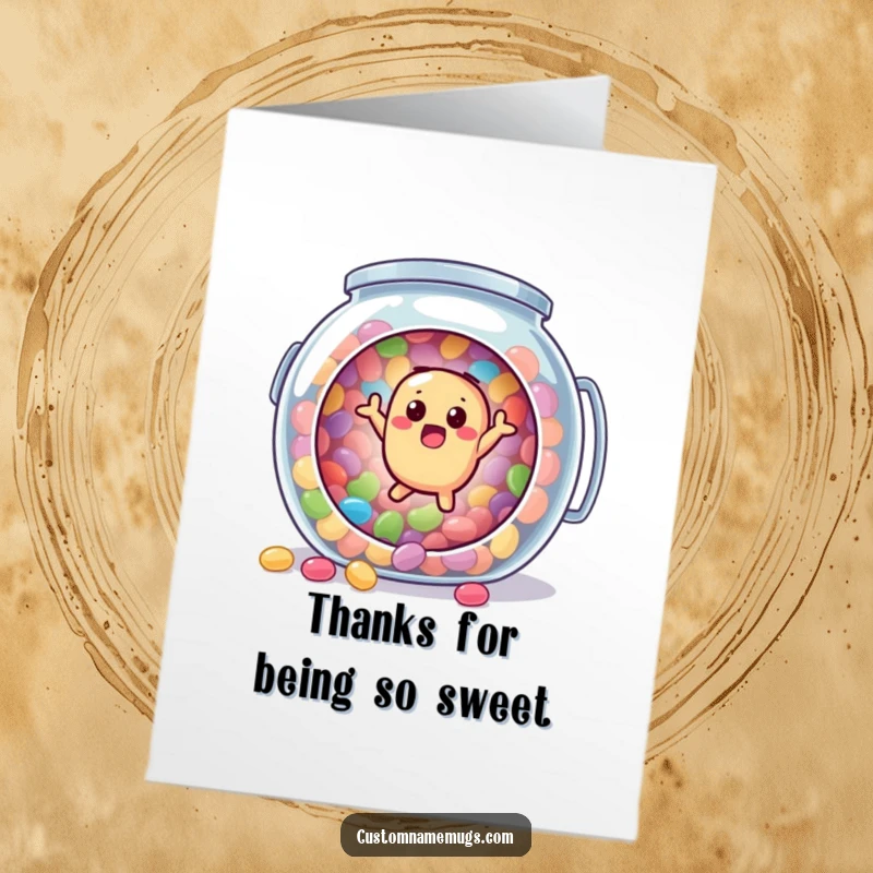 Funny Free Printable Thank You Card: A surprised jellybean character bounces out of a giant candy jar, perfect for a humorous thank you.