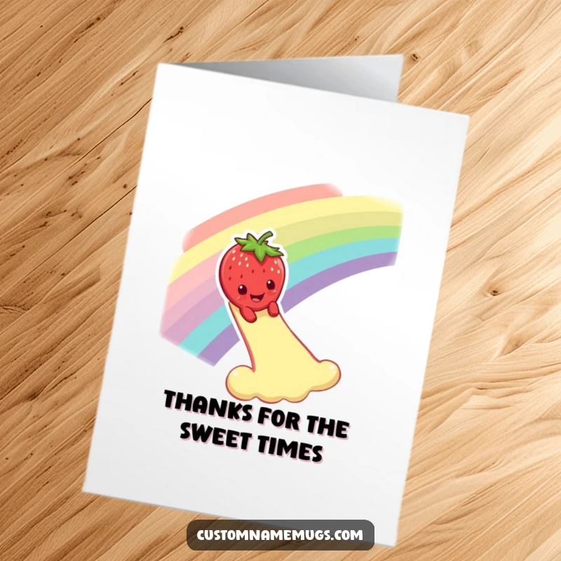 Funny Free Printable Thank You Card: Smiling strawberry character slides down a rainbow, expressing thanks with joy.