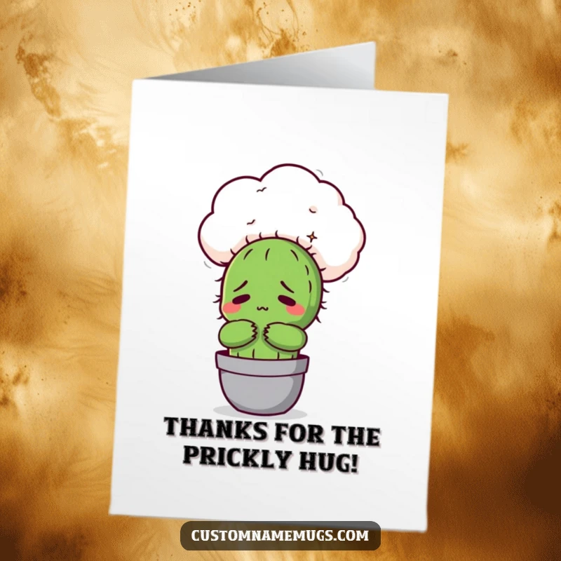 Funny free printable thank you card: A Kawaii cactus character awkwardly reaching out to hug a very fluffy cloud.