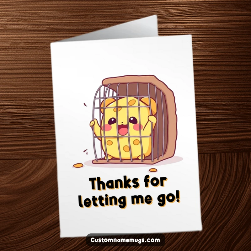 Funny free printable thank you card: A grinning Kawaii cheese character triumphantly escaping a small, restrictive cage.