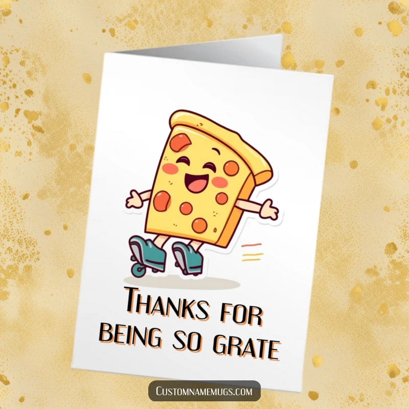Funny Free Printable Pizza Thank You Card shows a laughing pizza slice on roller skates zooming around to deliver thanks.