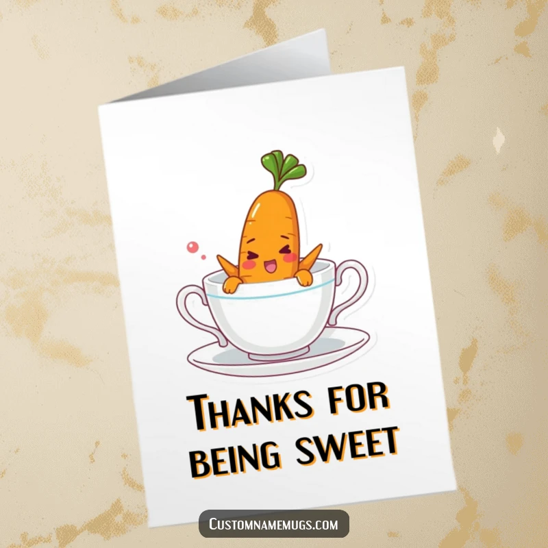 Funny Free Printable Thank You Card: A cheerful carrot character comically attempts to swim in a teacup, perfect for a humorous thank you.