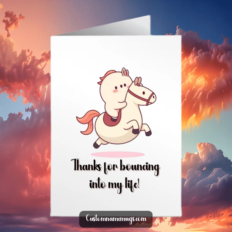 Funny Free Printable Thank You Card showing a small blob character joyfully riding a bouncy ball as if it were a horse.