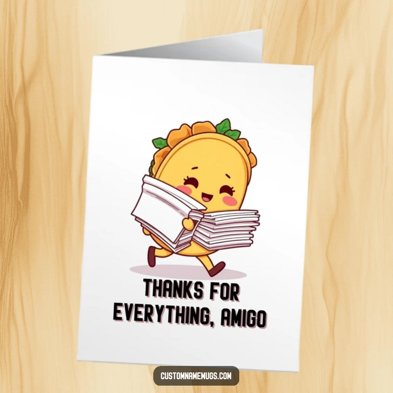 Funny Free Printable Thank You Card: A blushing taco character comically trips holding papers, ideal for a humorous thank you.