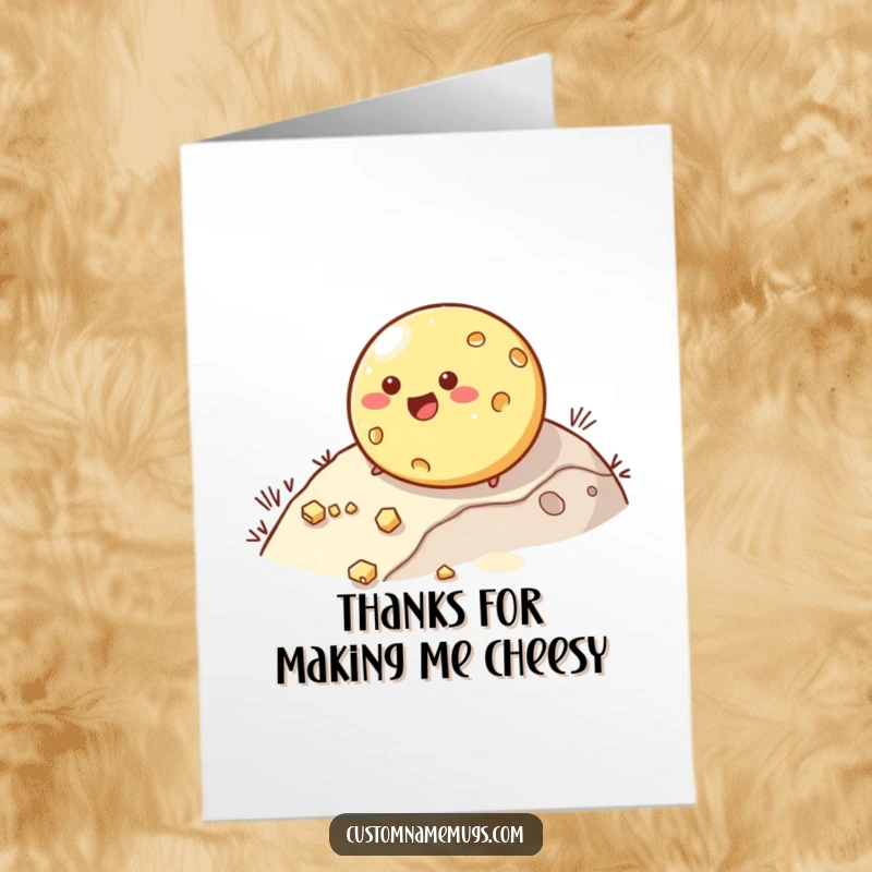 Funny Free Printable Thank You Card: Round cheese character rolls downhill, losing pieces with glee.