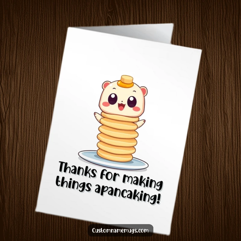 Funny Free Printable Thank You Card depicting a googly-eyed creature balancing an impressive stack of pancakes.