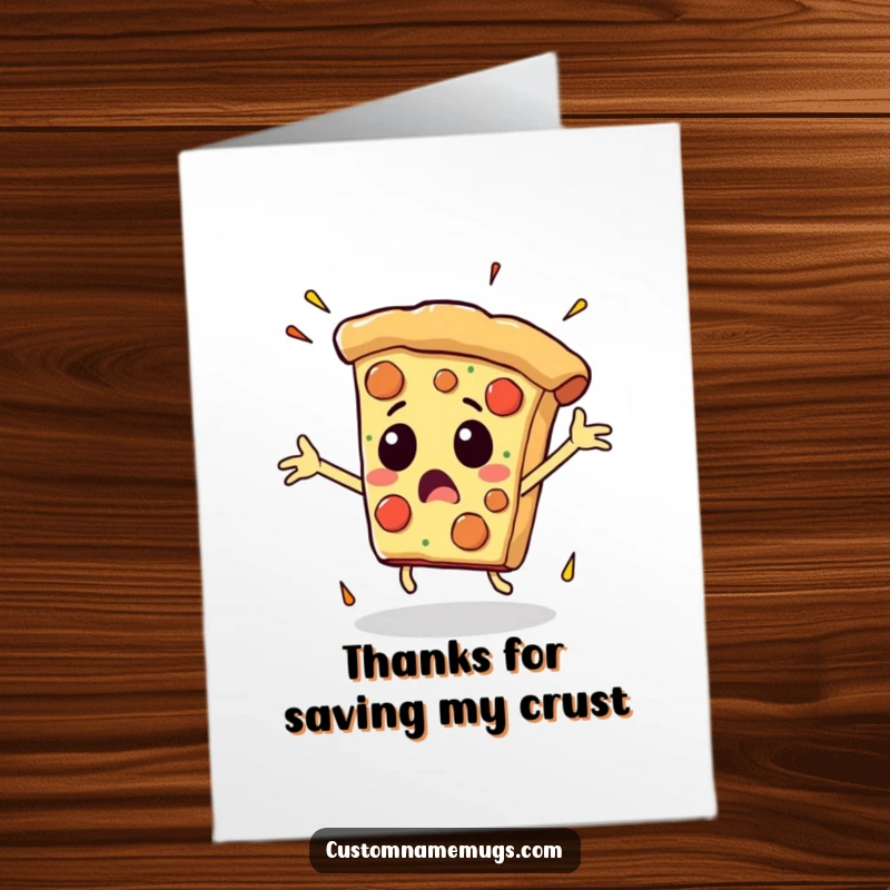 Funny Free Printable Thank You Card: A surprised pizza slice with arms flailing uncontrollably as it falls.