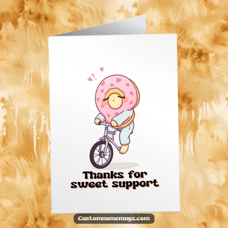 Funny Free Printable Thank You Card: A sleepy donut in pajamas wobbling on a unicycle, offering a sweet thank you note.
