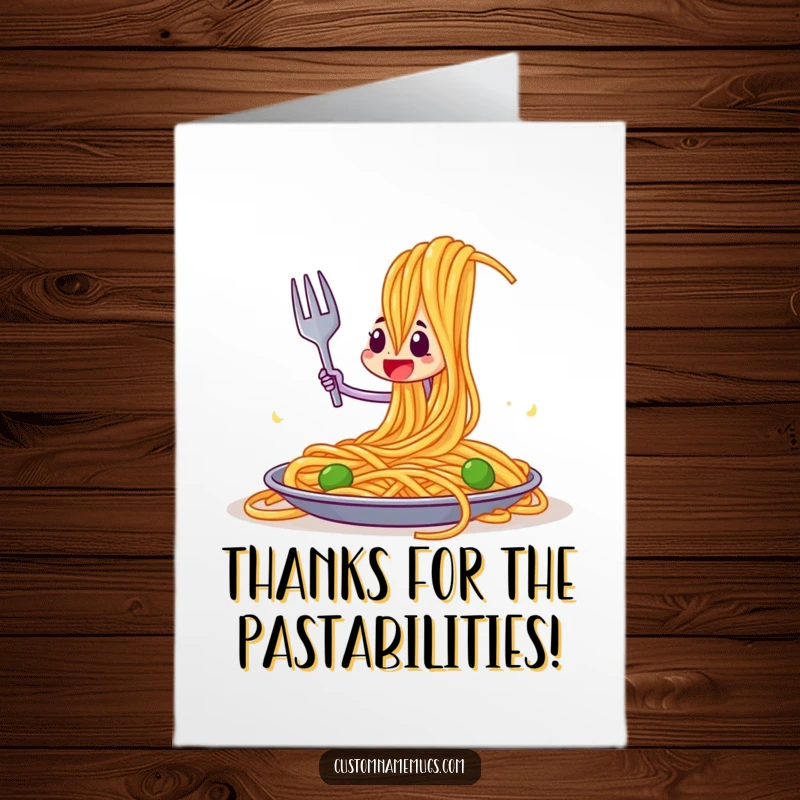 Funny Free Printable Thank You Card: A fork character looking proud after winning a joust against an enormous spaghetti strand.