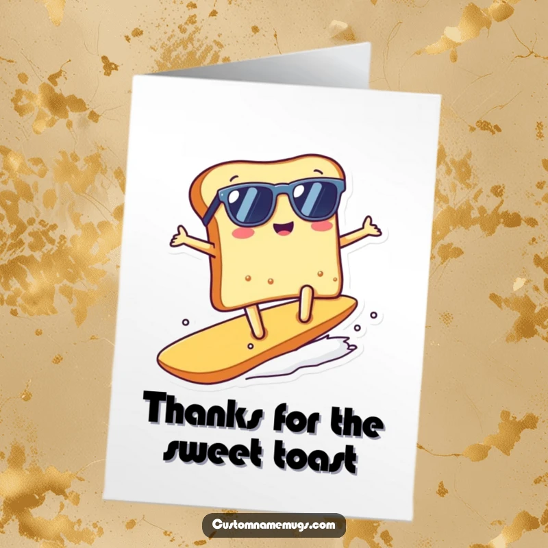 Funny Free Printable Thank You Card: A Kawaii toast character wearing sunglasses surfs a large crumb, a cool and funny thank you.