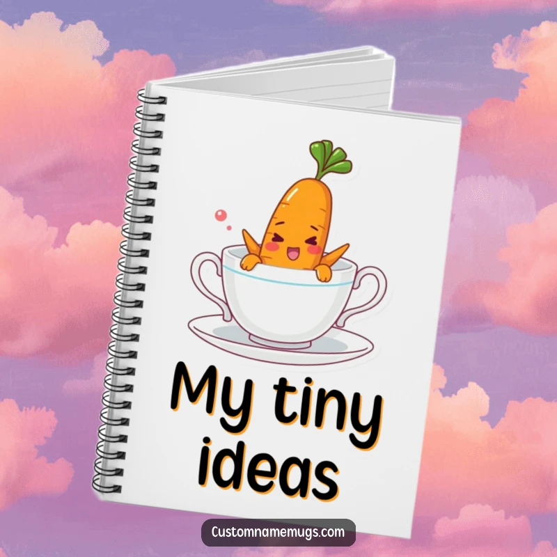 Funny notebook cover with a cheerful carrot character comically swimming in a teacup, ideal for capturing thoughts and doodles with humor.